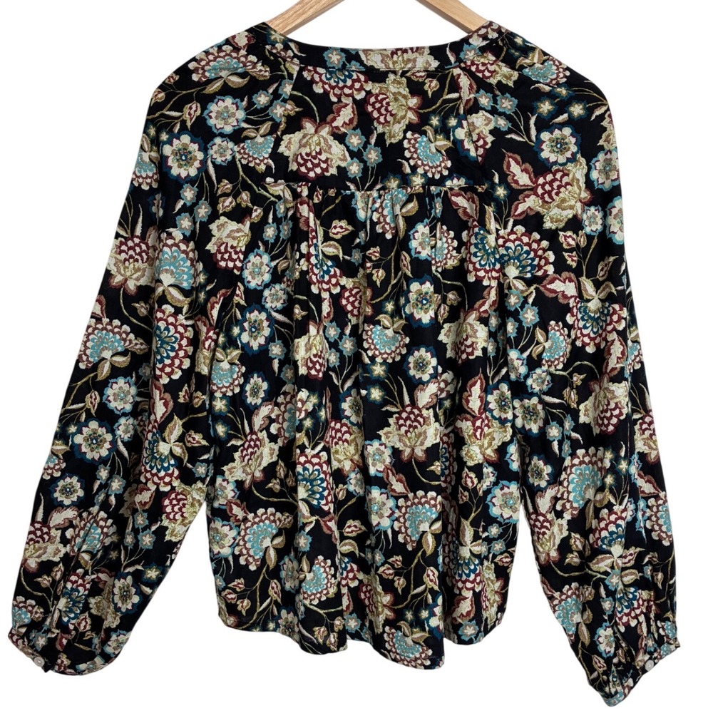 A.N.A. Black Teal Floral Boho Peasant Blouse Top L Cotton - Picture 9 of 10